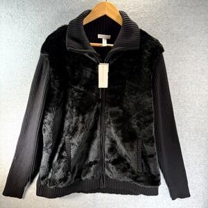 Charter Club Cardigan Sweater Women's 3X Black Collared Ribbed Faux Fur Full Zip